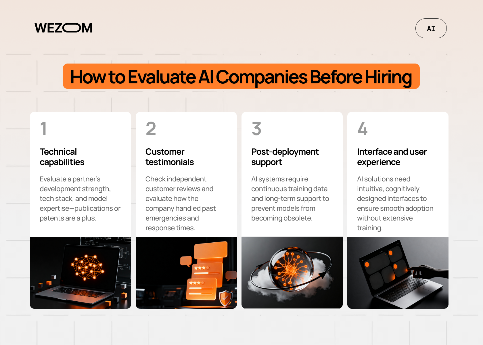 How to evaluate AI software development companies before hiring: technical capabilities, support, UX and testimonials How to evaluate AI software development companies before hiring: technical capabilities, support, UX and testimonials